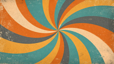 1970s inspired swirl background featuring hypnotic circular rays and faded color gradients. Grunge worn edges and vintage aesthetic, abstract groovy energyの素材