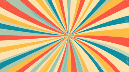 Groovy retro spiral sunburst background, radiating colorful vector rays with psychedelic vibe. Vintage faded texture for nostalgic 70s poster lookの素材