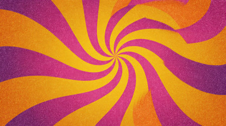 Colorful swirl pattern with hypnotic motion effect, circular radial lines and grainy texture. Psychedelic retro mood with orange, yellow, and magenta tonesの素材