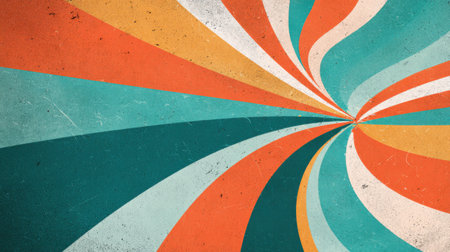 Funky 70s abstract background featuring bold swirling rays, bright orange and teal tones, faded texture, and retro psychedelic motionの素材
