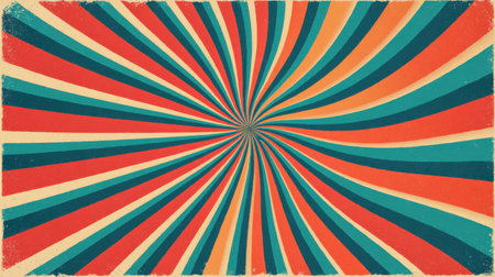 Hypnotic spiral vector design with alternating radial stripes, retro 70s color palette, and subtle distressed texture for vintage lookの素材
