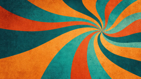 Funky 70s abstract background featuring bold swirling rays, bright orange and teal tones, faded texture, and retro psychedelic motionの素材