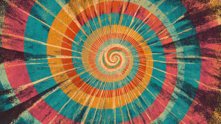 Psychedelic spiral burst with vintage sunbeam lines radiating from the center. Colorful groovy swirl in retro hues of teal, orange, and pink, textured like worn poster artの素材