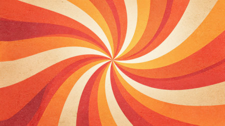Groovy retro vector background featuring hypnotic spiral sunburst with warm hues and vintage paper texture, nostalgic 70s aestheticの素材
