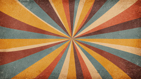 Groovy radial burst design with twisting sun rays in warm tones, worn grunge texture, and 70s-inspired psychedelic poster aestheticの素材