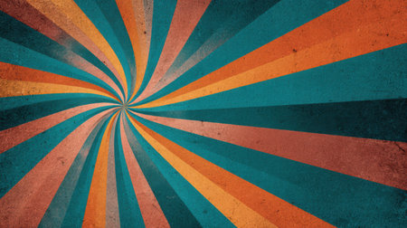 Psychedelic spiral burst with vintage sunbeam lines radiating from the center. Colorful groovy swirl in retro hues of teal, orange, and pink, textured like worn poster artの素材