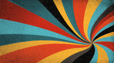 Funky spiral retro vector with groovy sunburst lines radiating from the center. Multicolor psychedelic wave with distressed grainy finish for vintage effectの素材