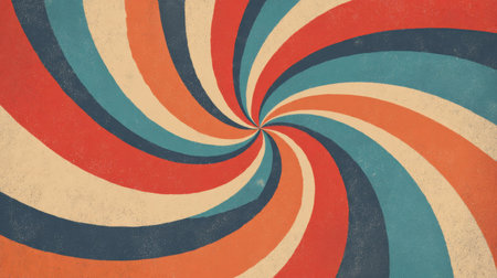 Hypnotic spiral vector design with alternating radial stripes, retro 70s color palette, and subtle distressed texture for vintage lookの素材