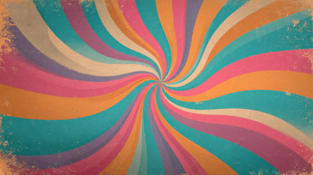 Psychedelic spiral burst with vintage sunbeam lines radiating from the center. Colorful groovy swirl in retro hues of teal, orange, and pink, textured like worn poster artの素材