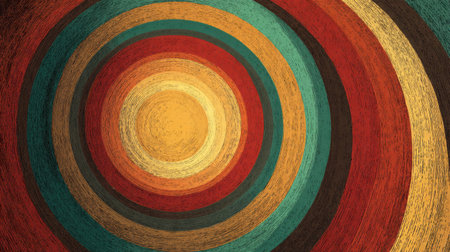 Retro groovy spiral with colorful circular motion, resembling sun rays or hypnotic vortex. 70s inspired palette, faded grunge texture for vintage charmの素材
