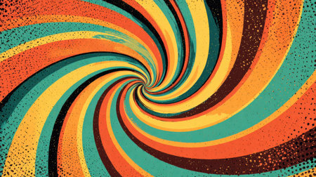 Spiral burst with vivid colors twisting around a central point. Retro vector pattern with faded halftone texture and nostalgic groovy design styleの素材