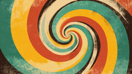 Retro groovy spiral with colorful circular motion, resembling sun rays or hypnotic vortex. 70s inspired palette, faded grunge texture for vintage charmの素材