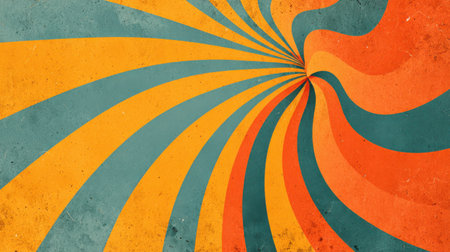 Vintage psychedelic swirl with curved radial lines and bold orange-yellow contrast. Worn paper texture adds nostalgic 1970s poster aestheticの素材