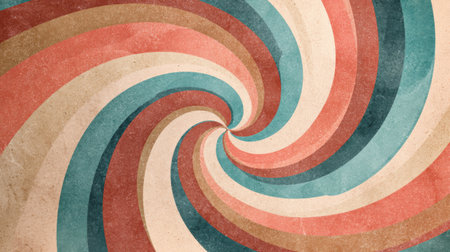 Retro spiral pattern background with hypnotic swirl of pastel and earthy hues, distressed edges, and vintage psychedelic styleの素材