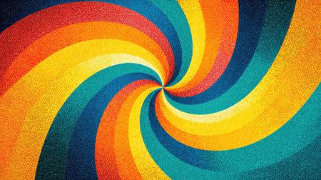 Spiral burst with vivid colors twisting around a central point. Retro vector pattern with faded halftone texture and nostalgic groovy design styleの素材