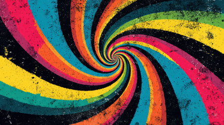 Vivid radial swirl composition inspired by vintage psychedelic art, colorful sunburst motion with worn grunge overlay and retro vector designの素材