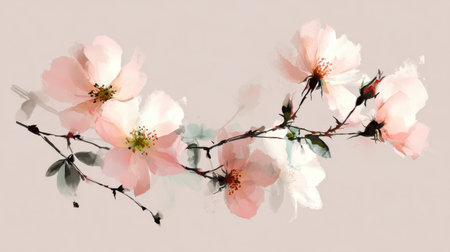 Delicate wild rose branch rendered with geometric brushstrokes, translucent petals, pale blush tones and soft ink texture, minimalist zen elegance, no text, no logoの素材