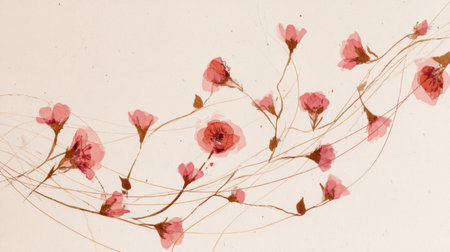 Minimalist geometric artwork of wild rose blossoms arranged along elegant flowing arcs, blush ink tones on light paper texture, no text, no logoの素材