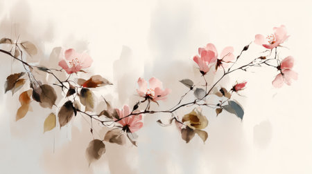 Geometric abstract illustration of a wild rose branch, delicate blossoms flowing along curved lines, soft blush ink tones and watercolor wash, serene oriental minimalism, no text, no logoの素材