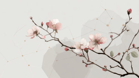 Wild rose branch outlined in gentle geometric lines, sparse blossoms in pastel blush, smooth ink wash background, tranquil poetic minimalism, no text, no logoの素材