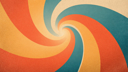 Groovy retro vector background featuring hypnotic spiral sunburst with warm hues and vintage paper texture, nostalgic 70s aestheticの素材