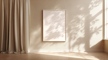 Abstract minimal setup with empty frame on beige wall, sunlight filtering through curtain, serene clean background, no text, no logoの素材
