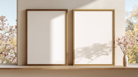Two minimalist frames mockup side by side on neutral wall, balance and harmony in composition, soft morning light, no text, no logoの素材