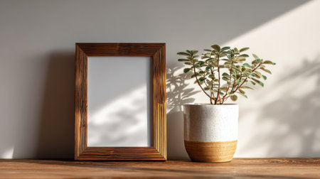 Wooden picture frame mockup placed beside small plant on a desk, natural lighting and calm tones, minimalist background, no text, no logoの素材