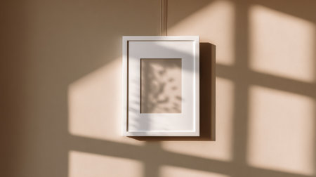 White picture frame hanging on a wall with shadow. 3D renderingの素材