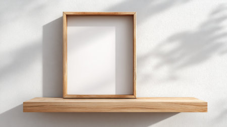 Blank picture frame mockup on wood shelf. 3d illustrationの素材