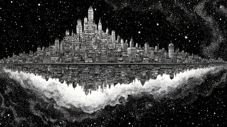 Illustration of the silhouette of a modern city on a starry nightの素材