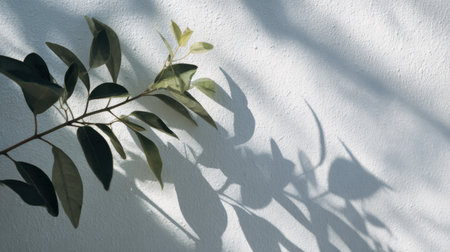 Abstract composition of plant leaf shadows on a bright white wall, crisp edges and diffused sunlight, modern aesthetic for minimal nature photographyの素材