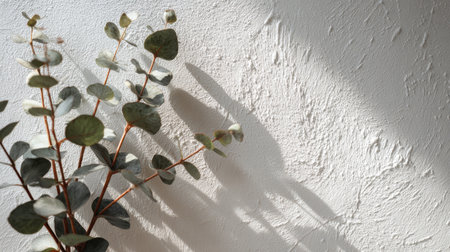 Eucalyptus branch shadows cast on matte white wall, elegant daylight overlay, simple and organic natural texture for branding or interior designの素材