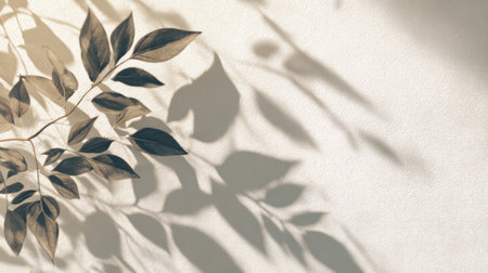 Bright summer sunlight creating artistic overlay of vine leaf shadows on clean white background, subtle gradient tones and soft texturesの素材