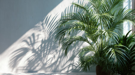 Crisp sunlight through tropical plants casting realistic moving shadows on white wall, tranquil outdoor-inspired clean aestheticの素材