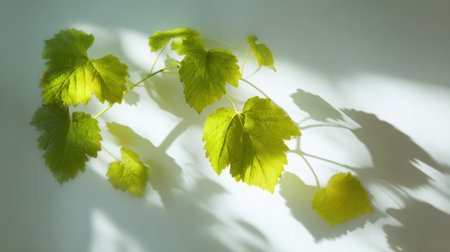 Bright summer sunlight creating artistic overlay of vine leaf shadows on clean white background, subtle gradient tones and soft texturesの素材