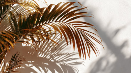 Natural afternoon sunlight projecting palm frond shadows on a bright white wall, sharp crisp contrast and tropical warm atmosphereの素材