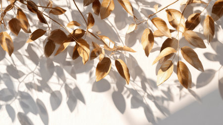 Realistic sunlight overlay of leafy shadows on white background, warm tone daylight and gentle contrast, serene natural texture for design backgroundの素材