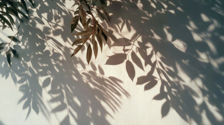 Real sunlight through tree canopy forming realistic leaf shadow patterns on white wall, artistic minimal nature-inspired compositionの素材