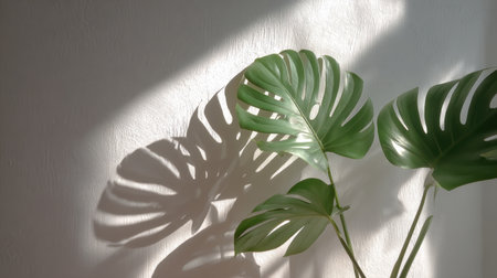 Palm and monstera leaf shadows overlapping on bright white wall, tropical natural vibe, sunny daylight minimal backgroundの素材
