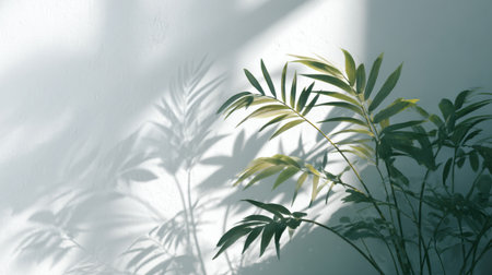 Subtle overlay of tropical foliage shadows under morning sunlight, soft focus and light gradients across a clean white wall backgroundの素材