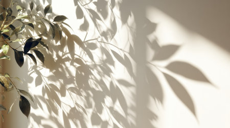 Real sunlight through tree canopy forming realistic leaf shadow patterns on white wall, artistic minimal nature-inspired compositionの素材