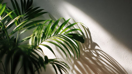 Subtle overlay of tropical foliage shadows under morning sunlight, soft focus and light gradients across a clean white wall backgroundの素材