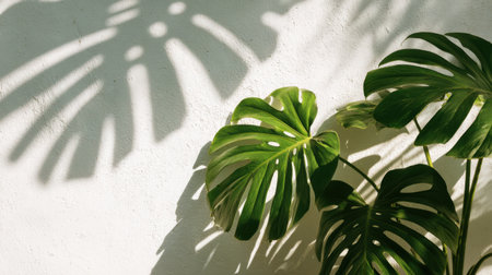 Palm and monstera leaf shadows overlapping on bright white wall, tropical natural vibe, sunny daylight minimal backgroundの素材