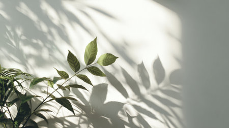 Subtle overlay of tropical foliage shadows under morning sunlight, soft focus and light gradients across a clean white wall backgroundの素材