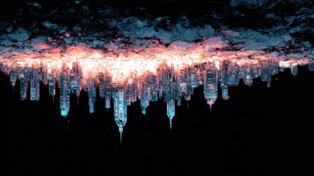 Stylized vintage anime depiction of a glowing inverted city drifting into darkness, high-contrast ink textures, surreal night atmosphere, no text, no logoの素材