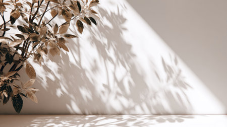 Realistic sunlight casting soft tree leaves shadows on a clean white wall, gentle summer breeze effect, calm minimalist mood, warm daylight tones, natural overlay textureの素材