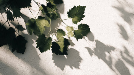 Bright summer sunlight creating artistic overlay of vine leaf shadows on clean white background, subtle gradient tones and soft texturesの素材