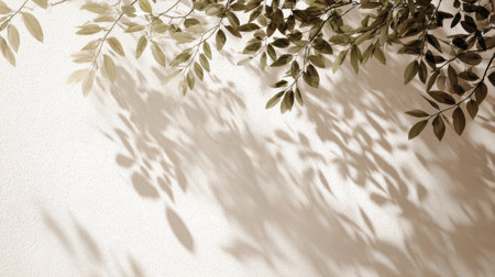 Realistic sunlight casting soft tree leaves shadows on a clean white wall, gentle summer breeze effect, calm minimalist mood, warm daylight tones, natural overlay textureの素材