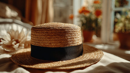 A brown straw hat placed gently on a beige surface, glowing sunlight illuminating the background, creating soft contrast, warm tones, and a peaceful lifestyle-inspired compositionの素材